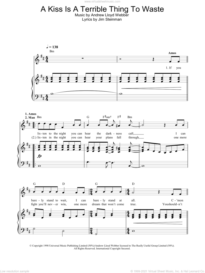 A Kiss Is A Terrible Thing To Waste sheet music for voice, piano or guitar by Andrew Lloyd Webber, Whistle Down The Wind (Musical) and Jim Steinman, intermediate skill level
