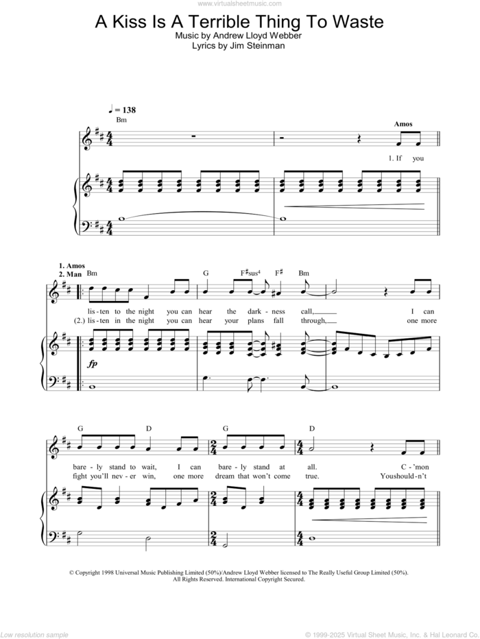 A Kiss Is A Terrible Thing To Waste sheet music for voice, piano or guitar by Andrew Lloyd Webber, Whistle Down The Wind (Musical) and Jim Steinman, intermediate skill level