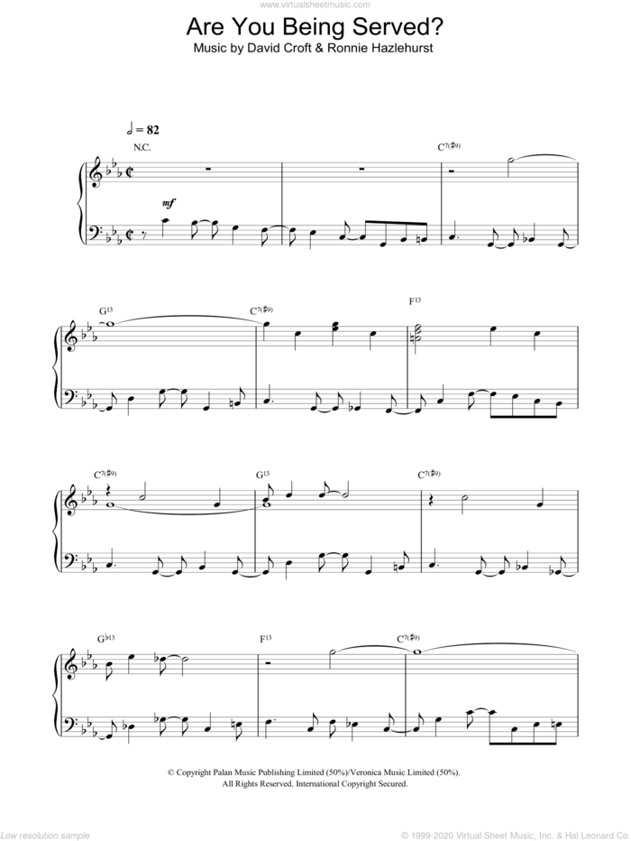 Are You Being Served? sheet music for piano solo by David Croft and Ronnie Hazlehurst, intermediate skill level
