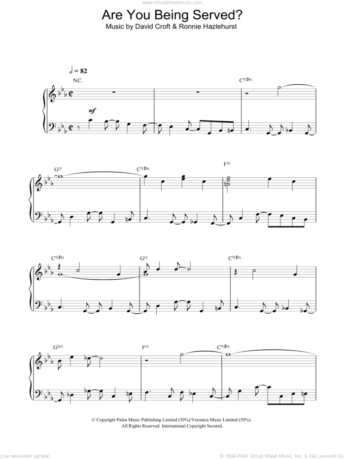 Are You Being Served? sheet music for piano solo by David Croft and Ronnie Hazlehurst, intermediate skill level