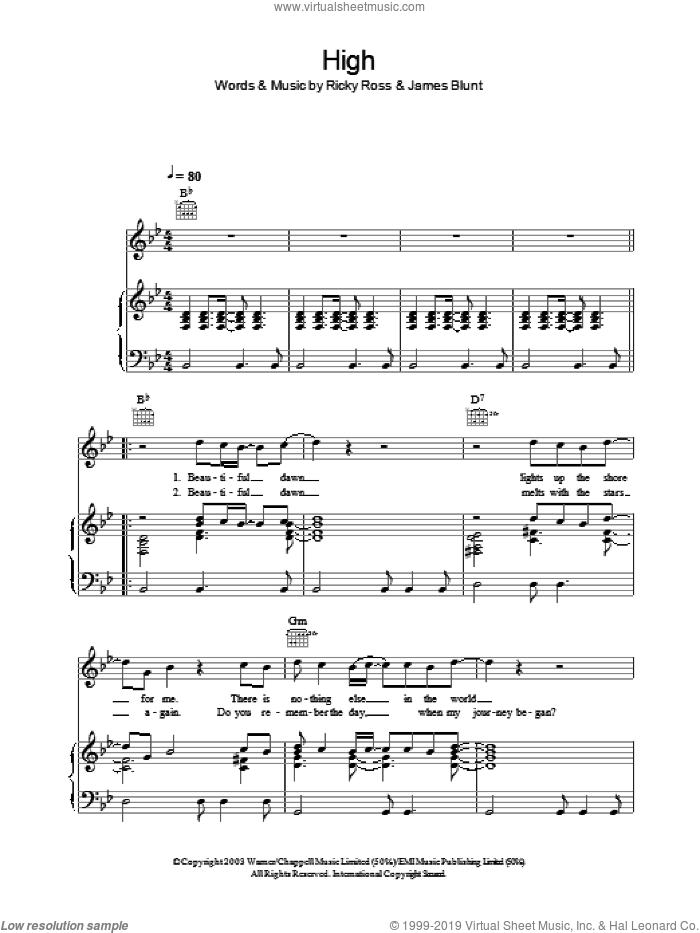 High sheet music for voice, piano or guitar by James Blunt and Ricky Ross, intermediate skill level