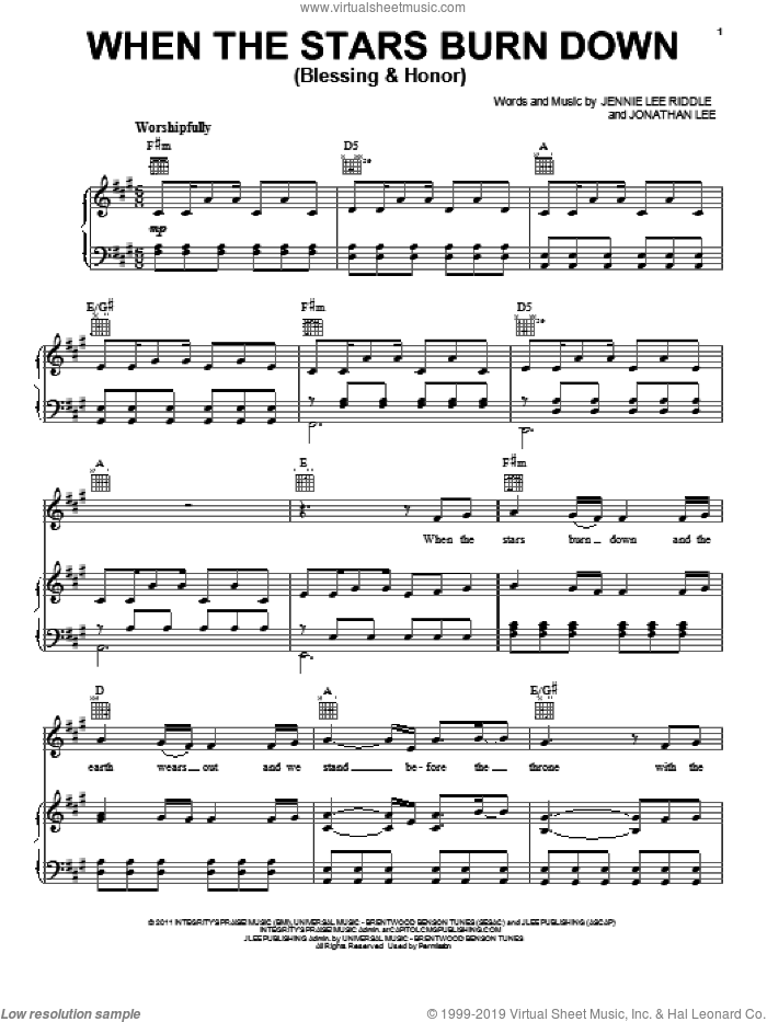 When The Stars Burn Down (Blessing And Honor) sheet music for voice, piano or guitar by Craig & Dean Phillips, Jennie Lee Riddle and Jonathan Lee, intermediate skill level