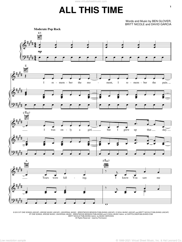 All This Time sheet music for voice, piano or guitar by Britt Nicole, Ben Glover and David Garcia, intermediate skill level