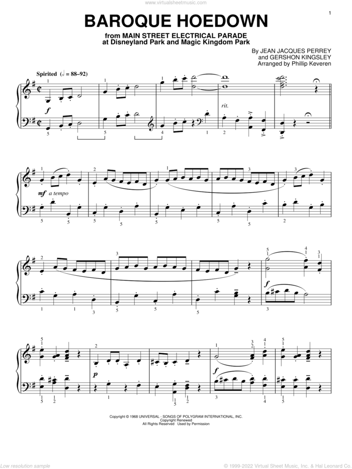 Baroque Hoedown [Classical version] (arr. Phillip Keveren) sheet music for piano solo by Phillip Keveren, Gershon Kingsley and Jean Jacques Perrey, classical score, intermediate skill level