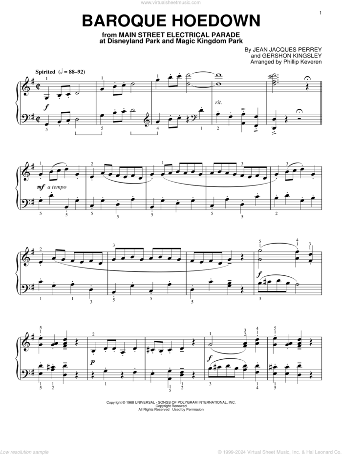 Baroque Hoedown [Classical version] (arr. Phillip Keveren) sheet music for piano solo by Phillip Keveren, Gershon Kingsley and Jean Jacques Perrey, classical score, intermediate skill level