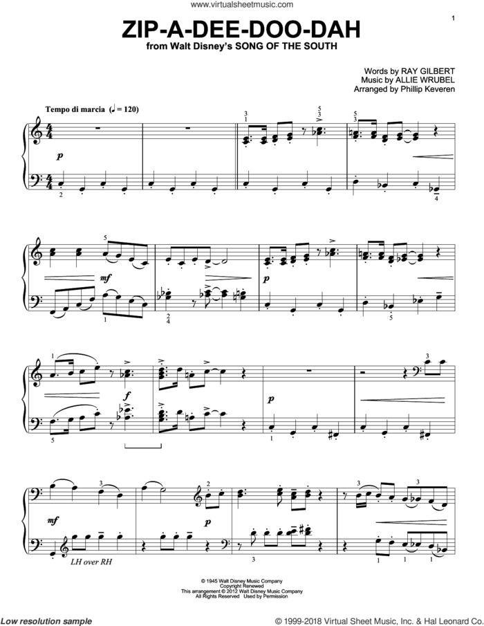 Zip-A-Dee-Doo-Dah (from Song Of The South) [Classical version] (arr. Phillip Keveren) sheet music for piano solo by James Baskett, Phillip Keveren, Allie Wrubel and Ray Gilbert, classical score, intermediate skill level