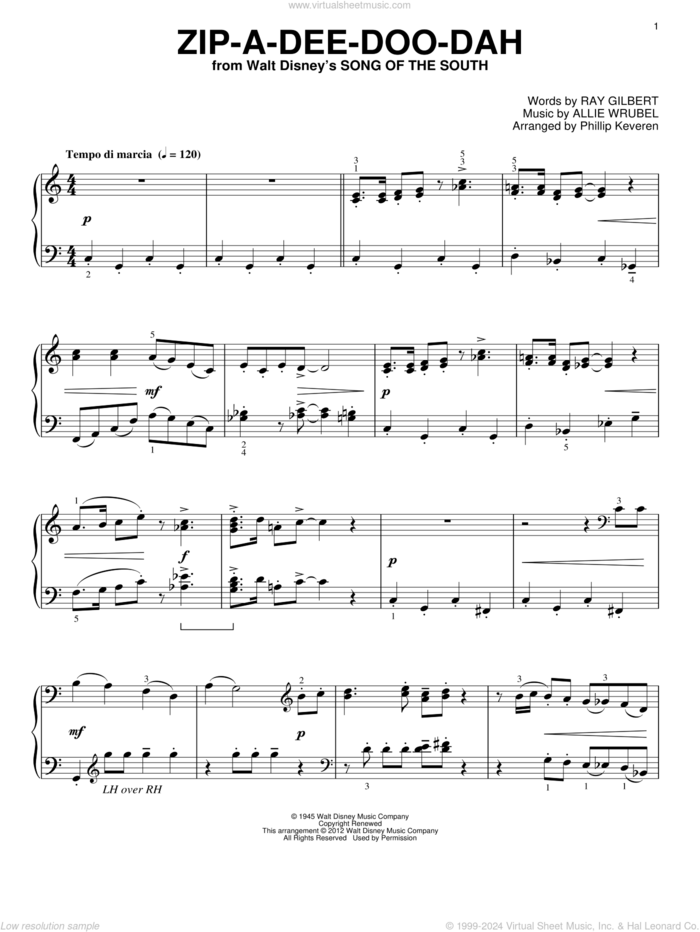 Zip-A-Dee-Doo-Dah (from Song Of The South) [Classical version] (arr. Phillip Keveren) sheet music for piano solo by James Baskett, Phillip Keveren, Allie Wrubel and Ray Gilbert, classical score, intermediate skill level