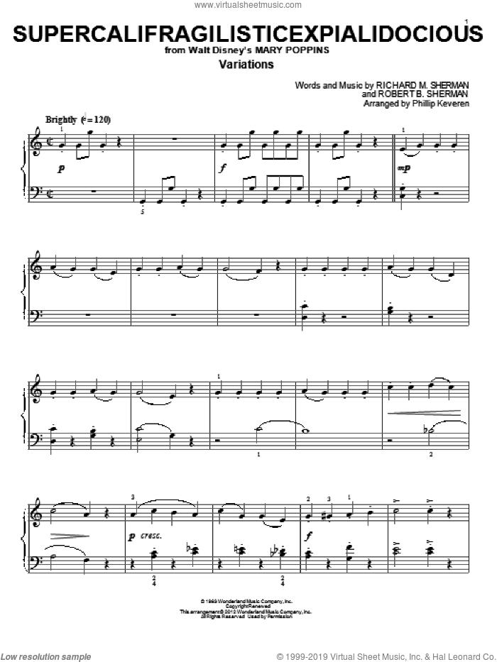 Supercalifragilisticexpialidocious [Classical version] (from Mary Poppins) (arr. Phillip Keveren) sheet music for piano solo by Sherman Brothers, Julie Andrews, Mary Poppins (Movie), Phillip Keveren, Richard M. Sherman and Robert B. Sherman, classical score, intermediate skill level