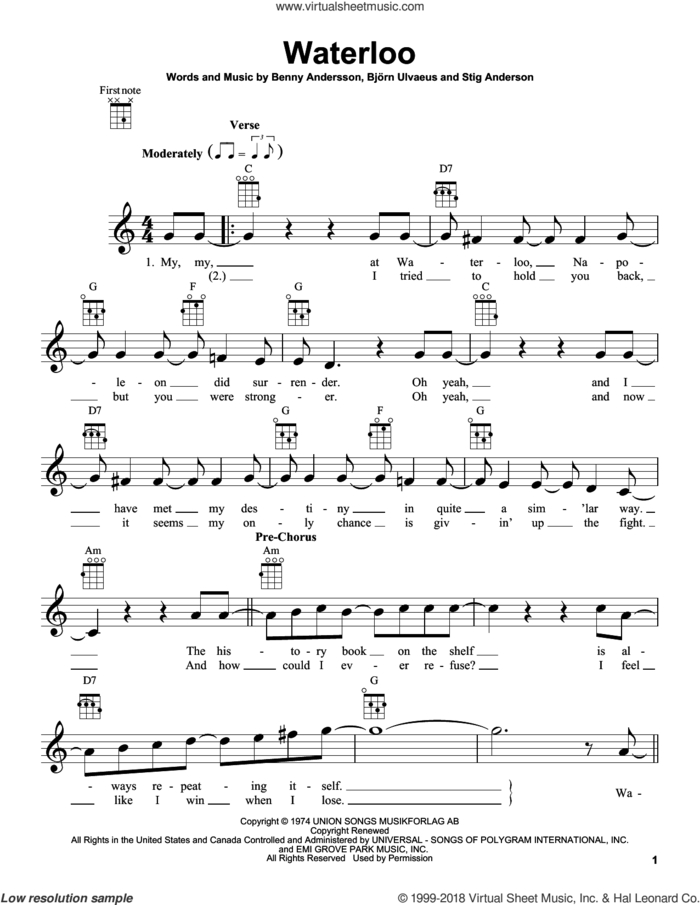 Waterloo sheet music for ukulele by ABBA, Benny Andersson, Bjorn Ulvaeus and Stig Anderson, intermediate skill level