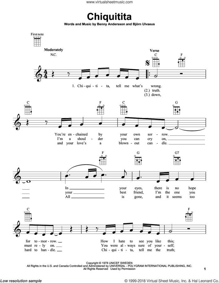 Chiquitita sheet music for ukulele by ABBA, Benny Andersson and Bjorn Ulvaeus, intermediate skill level