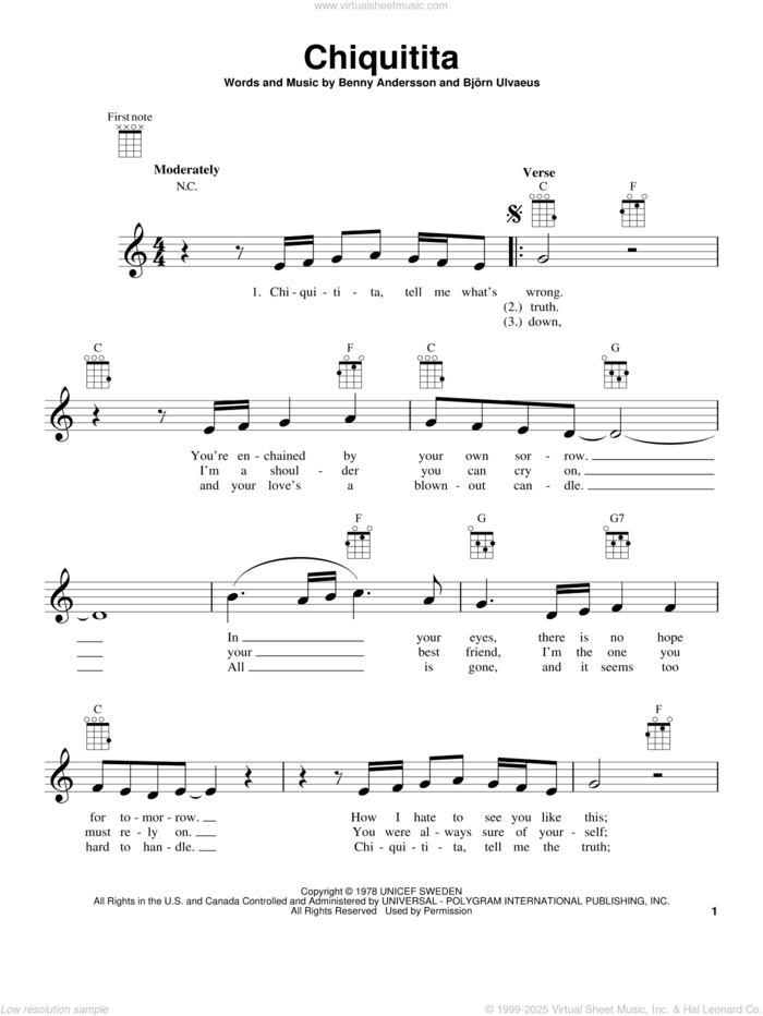 Chiquitita sheet music for ukulele by ABBA, Benny Andersson and Bjorn Ulvaeus, intermediate skill level