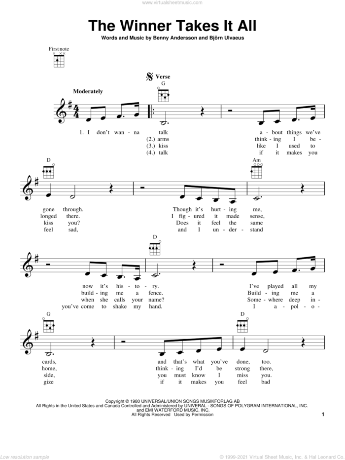 The Winner Takes It All sheet music for ukulele by ABBA, Benny Andersson and Bjorn Ulvaeus, intermediate skill level