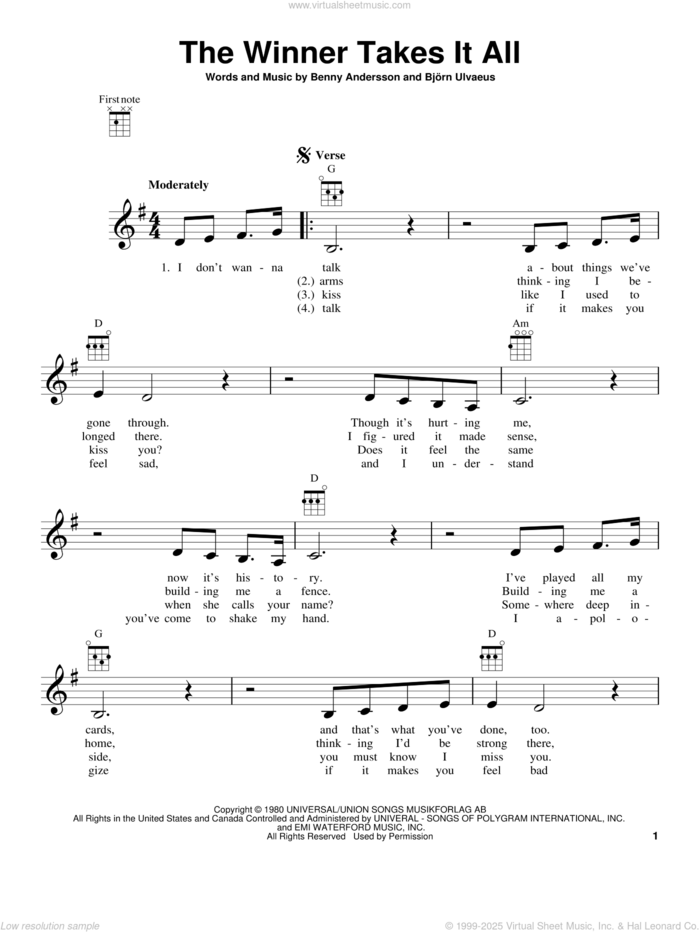 The Winner Takes It All sheet music for ukulele by ABBA, Benny Andersson and Bjorn Ulvaeus, intermediate skill level