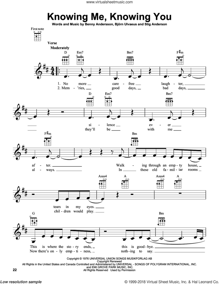 Knowing Me, Knowing You sheet music for ukulele by ABBA, Benny Andersson, Bjorn Ulvaeus and Stig Anderson, intermediate skill level