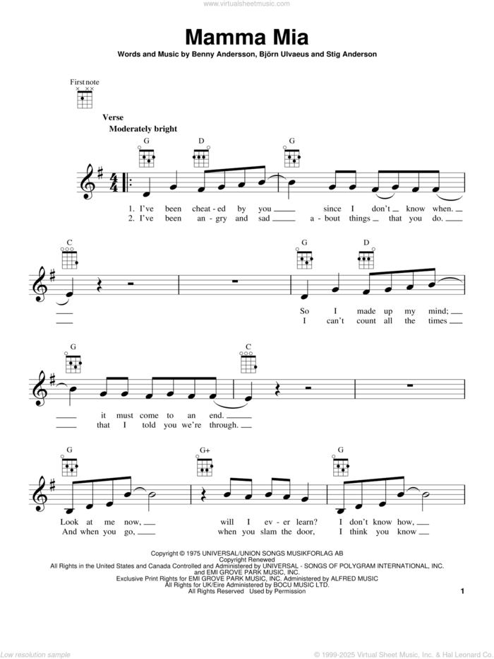 Mamma Mia (from Mamma Mia! Here We Go Again) sheet music for ukulele by ABBA, Benny Andersson, Bjorn Ulvaeus and Stig Anderson, intermediate skill level