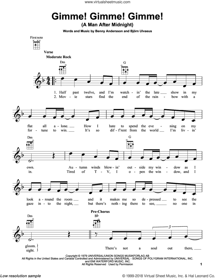 Gimme! Gimme! Gimme! (A Man After Midnight) sheet music for ukulele by ABBA, Benny Andersson and Bjorn Ulvaeus, intermediate skill level