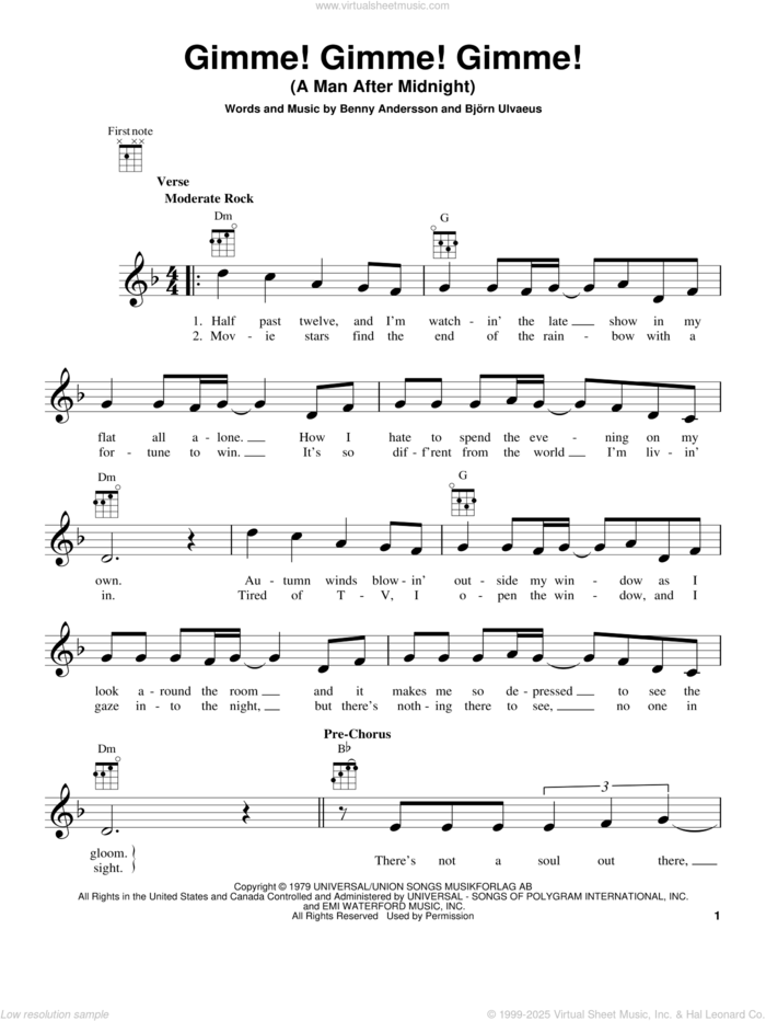 Gimme! Gimme! Gimme! (A Man After Midnight) sheet music for ukulele by ABBA, Benny Andersson and Bjorn Ulvaeus, intermediate skill level