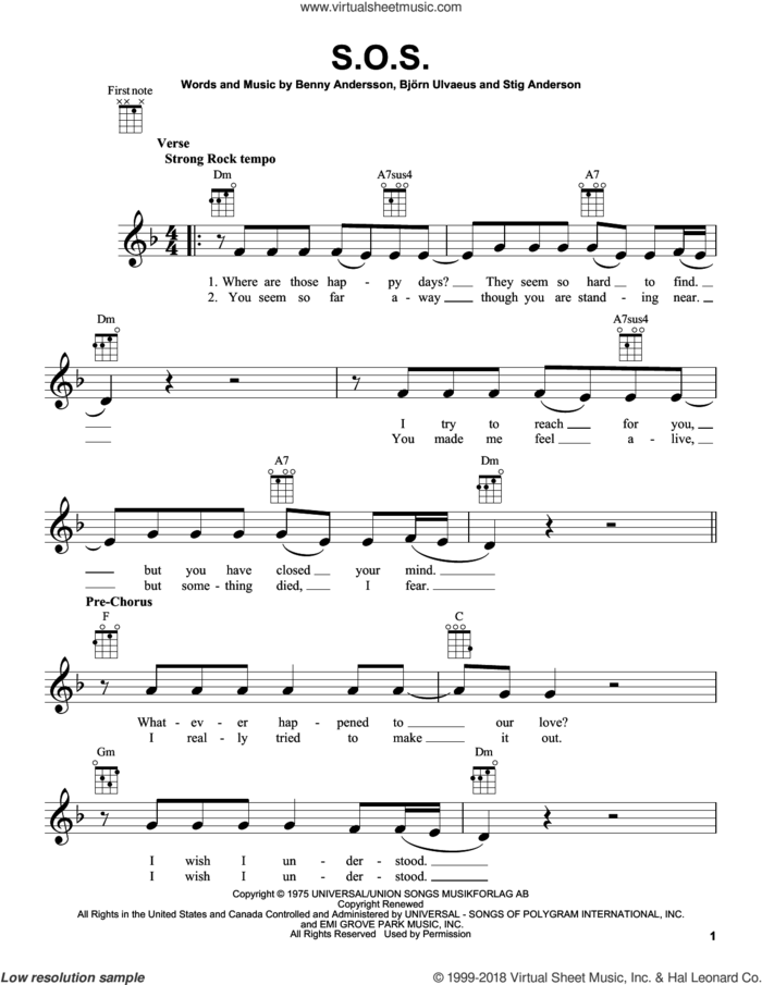 S.O.S. sheet music for ukulele by ABBA, Benny Andersson, Bjorn Ulvaeus and Stig Anderson, intermediate skill level