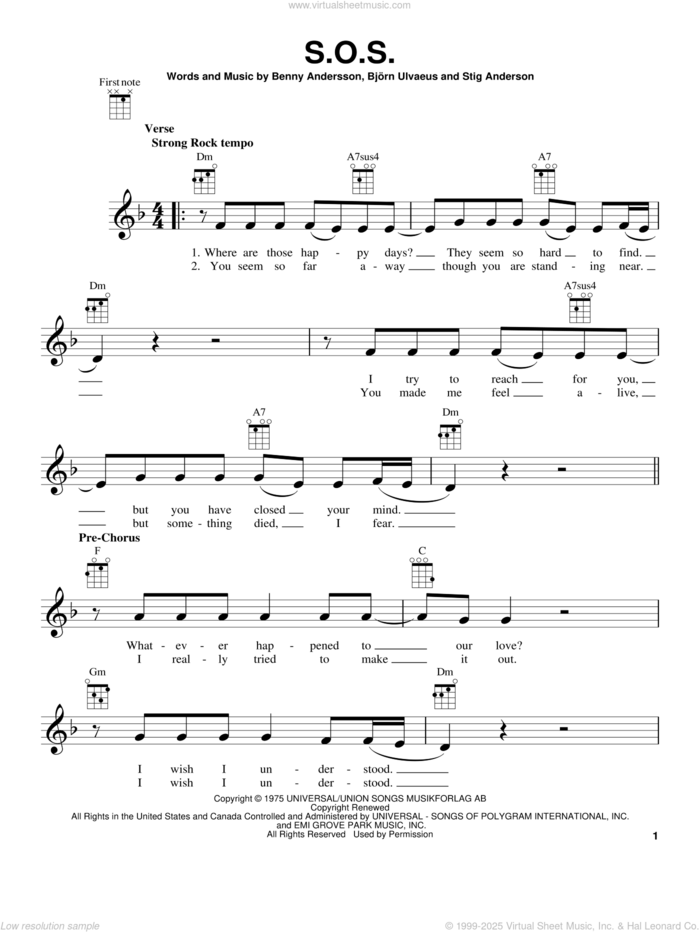 S.O.S. sheet music for ukulele by ABBA, Benny Andersson, Bjorn Ulvaeus and Stig Anderson, intermediate skill level