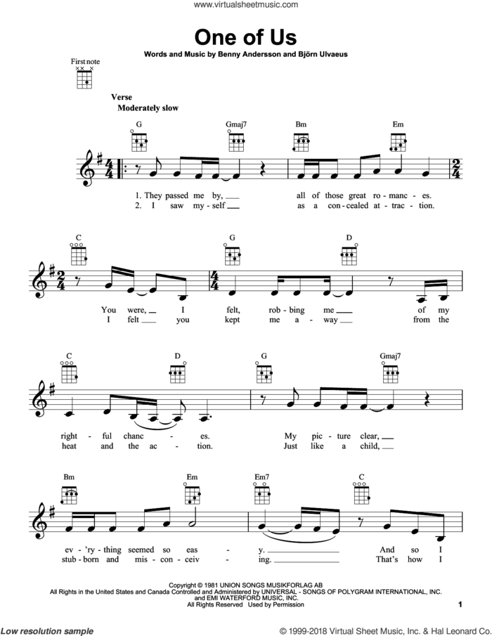 One Of Us sheet music for ukulele by ABBA, Benny Andersson and Bjorn Ulvaeus, intermediate skill level