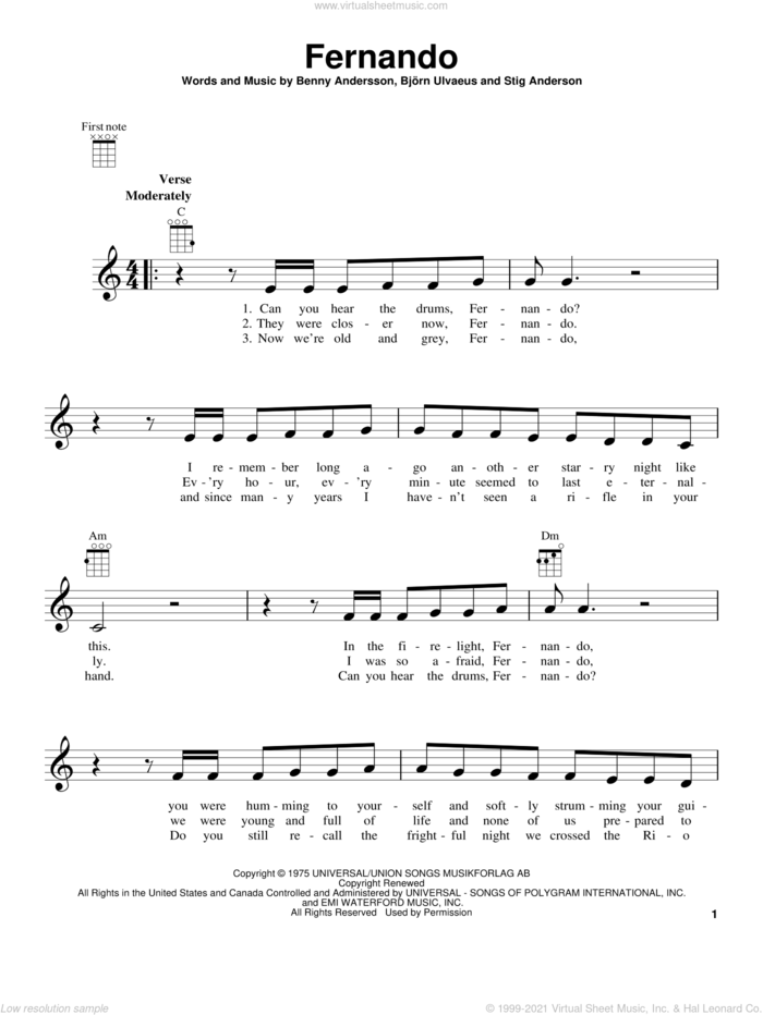 Fernando sheet music for ukulele by ABBA, Benny Andersson, Bjorn Ulvaeus and Stig Anderson, intermediate skill level
