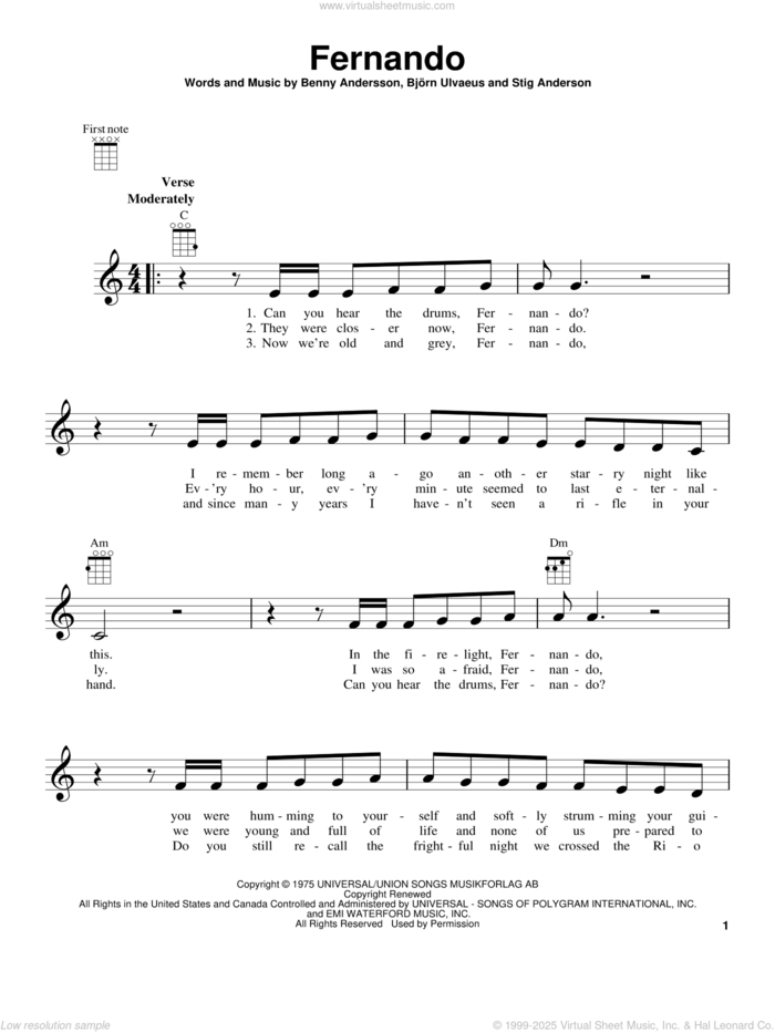 Fernando sheet music for ukulele by ABBA, Benny Andersson, Bjorn Ulvaeus and Stig Anderson, intermediate skill level