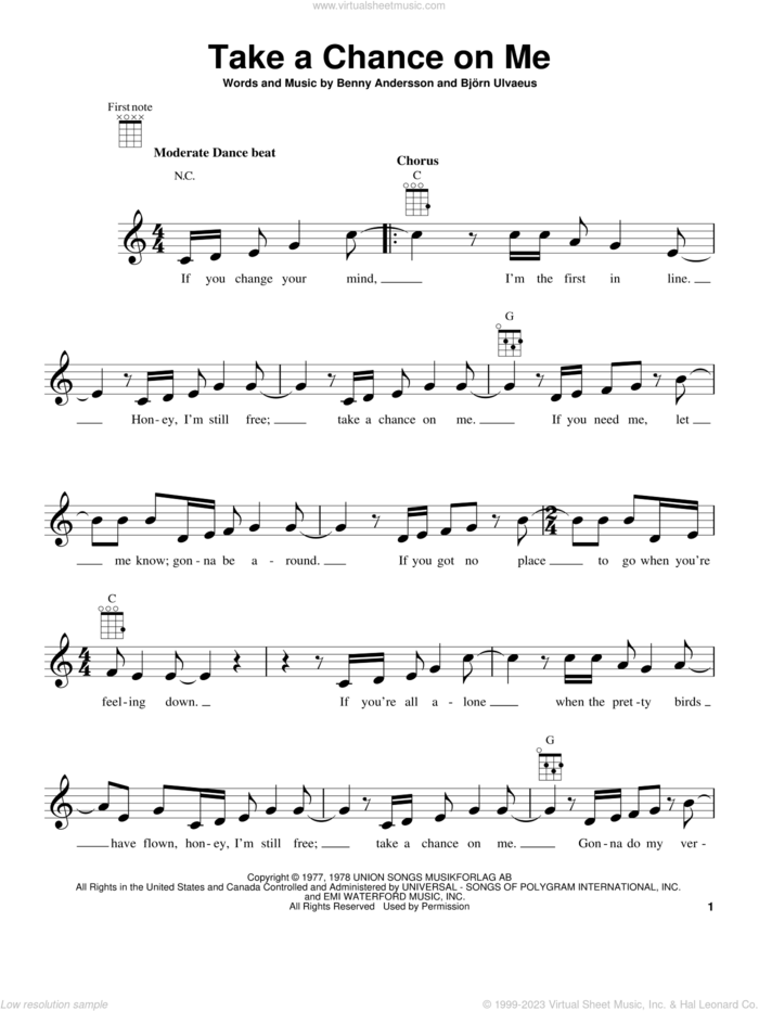 Take A Chance On Me sheet music for ukulele by ABBA, Benny Andersson and Bjorn Ulvaeus, intermediate skill level