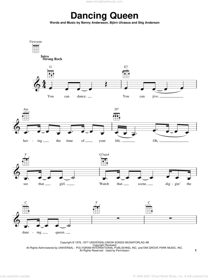 Dancing Queen sheet music for ukulele by ABBA, Benny Andersson, Bjorn Ulvaeus and Stig Anderson, intermediate skill level