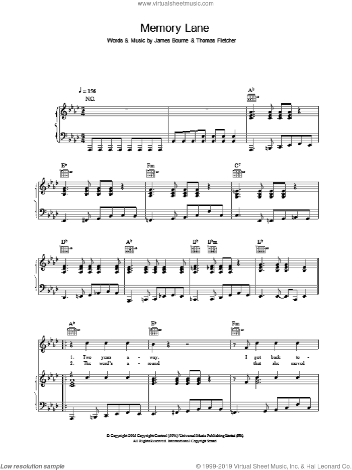 Memory Lane sheet music for voice, piano or guitar by McFly, James Bourne and Thomas Fletcher, intermediate skill level
