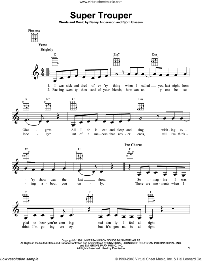Super Trouper sheet music for ukulele by ABBA, Benny Andersson and Bjorn Ulvaeus, intermediate skill level