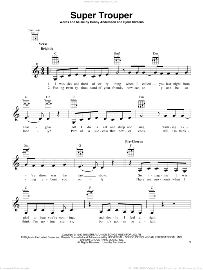 Super Trouper sheet music for ukulele by ABBA, Benny Andersson and Bjorn Ulvaeus, intermediate skill level