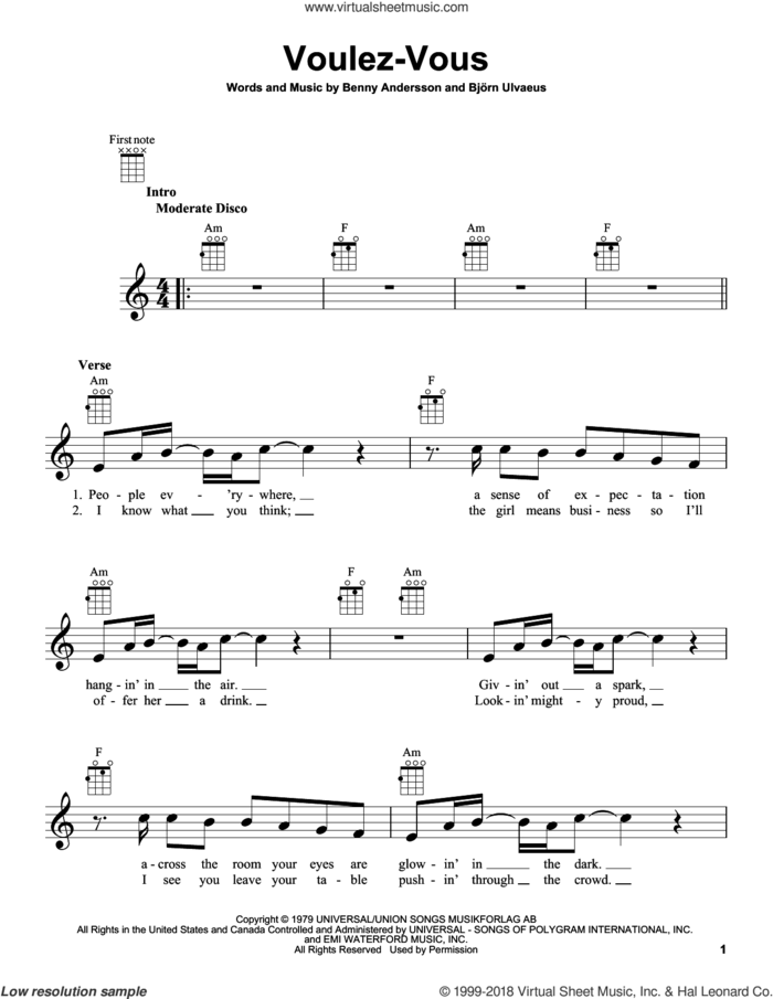 Voulez-Vous sheet music for ukulele by ABBA, Benny Andersson and Bjorn Ulvaeus, intermediate skill level