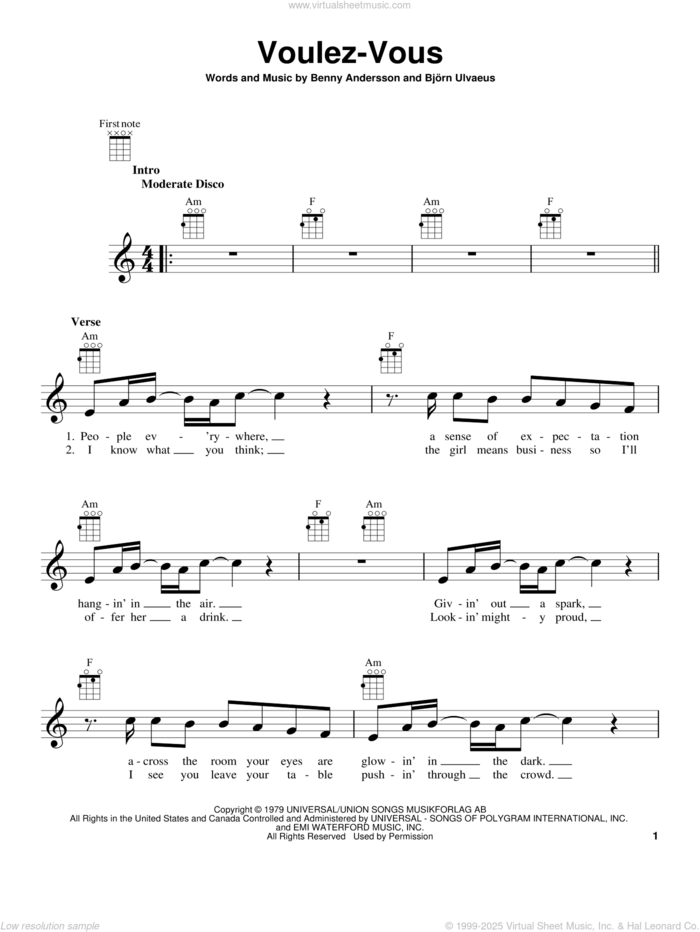 Voulez-Vous sheet music for ukulele by ABBA, Benny Andersson and Bjorn Ulvaeus, intermediate skill level