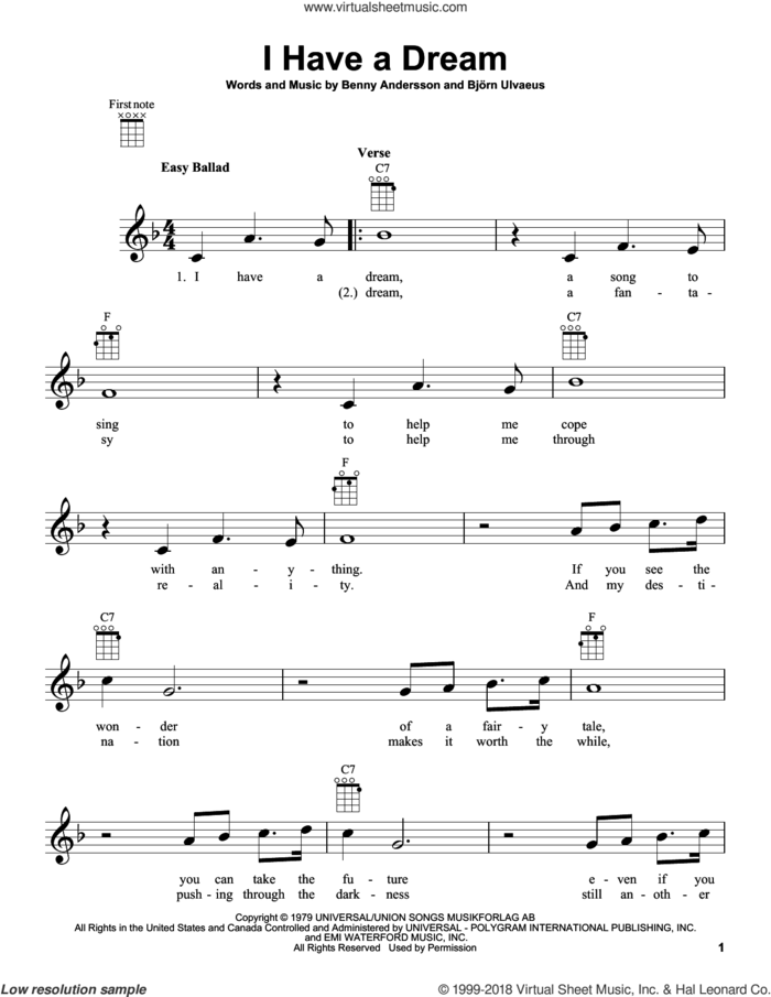 I Have A Dream sheet music for ukulele by ABBA, Benny Andersson and Bjorn Ulvaeus, intermediate skill level