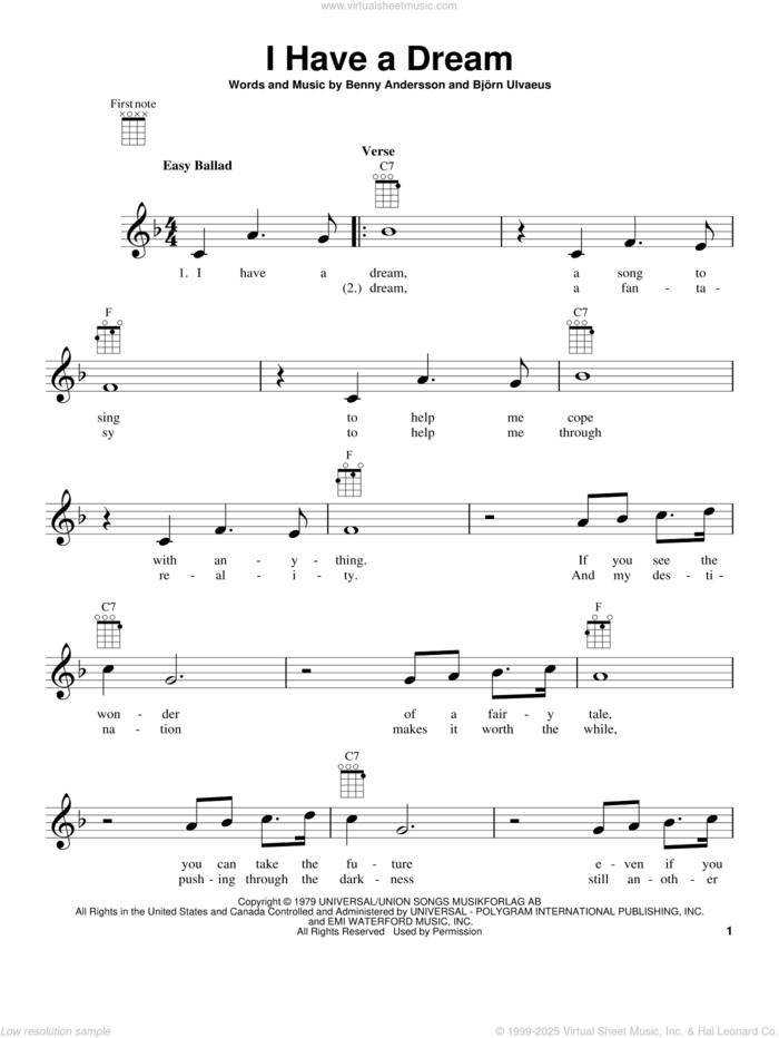 I Have A Dream sheet music for ukulele by ABBA, Benny Andersson and Bjorn Ulvaeus, intermediate skill level