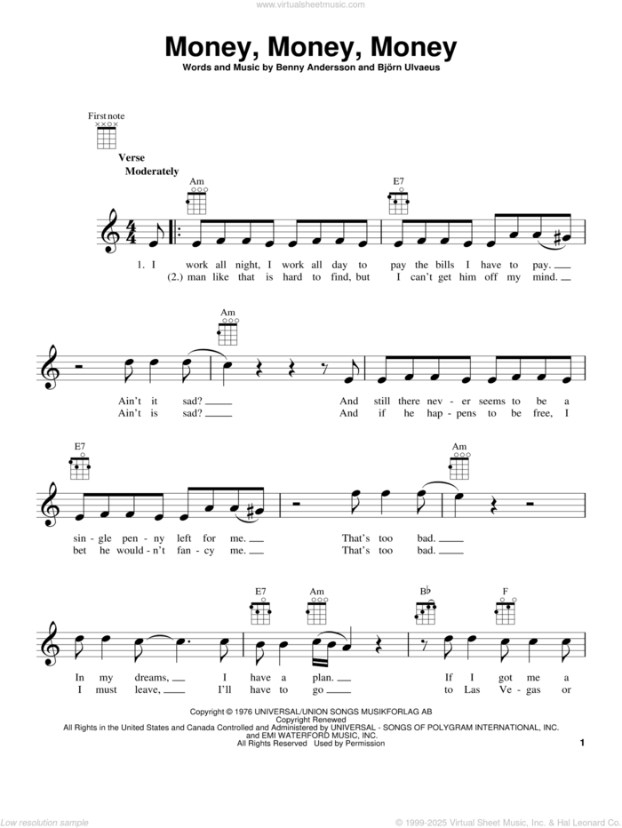 Money, Money, Money sheet music for ukulele by ABBA, Benny Andersson and Bjorn Ulvaeus, intermediate skill level