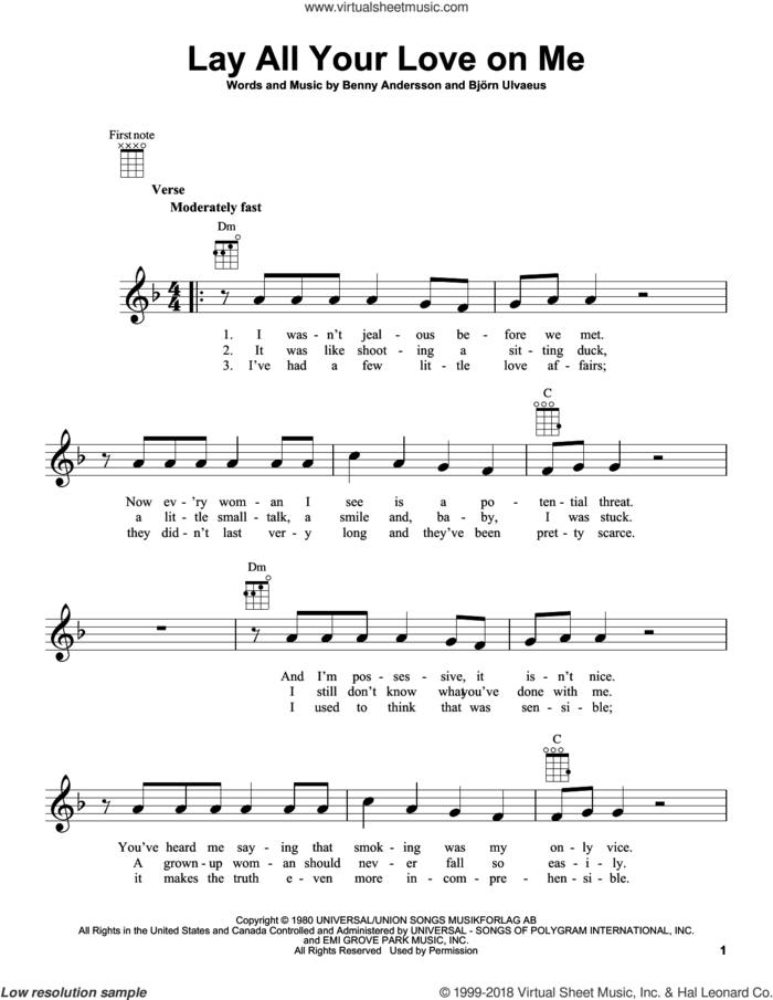 Lay All Your Love On Me sheet music for ukulele by ABBA, Benny Andersson and Bjorn Ulvaeus, intermediate skill level