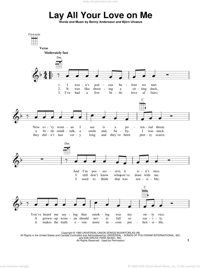 Lay All Your Love On Me sheet music for ukulele by ABBA, Benny Andersson and Bjorn Ulvaeus, intermediate skill level