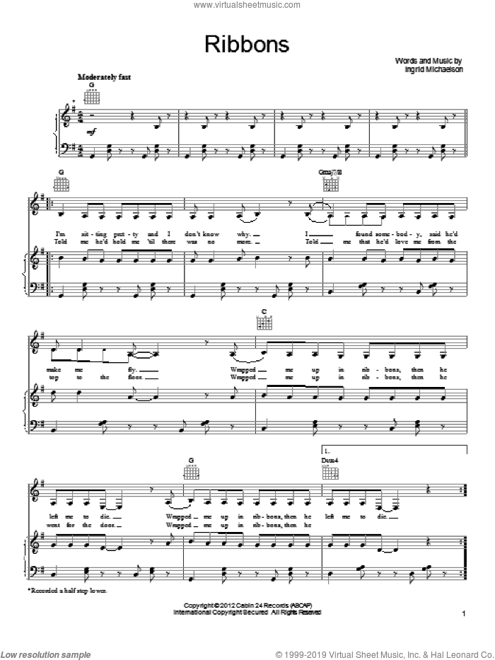 Ribbons sheet music for voice, piano or guitar by Ingrid Michaelson, intermediate skill level