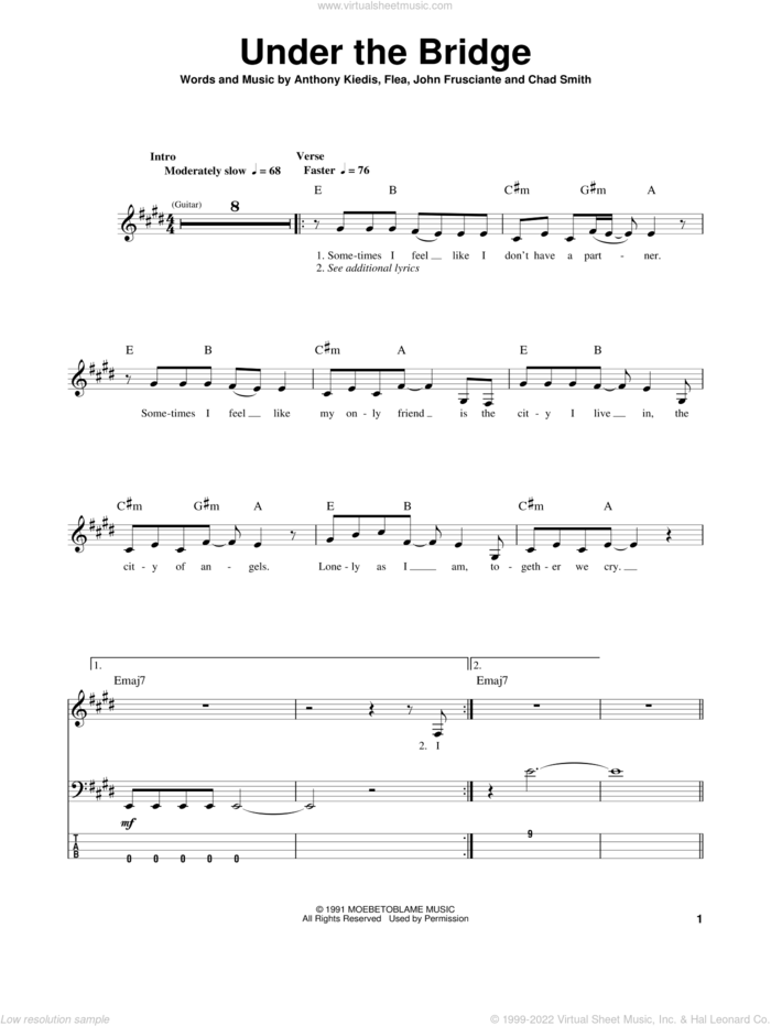 Under The Bridge sheet music for bass (tablature) (bass guitar) by Red Hot Chili Peppers, Anthony Kiedis, Chad Smith, Flea and John Frusciante, intermediate skill level