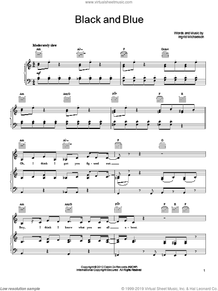 Black And Blue sheet music for voice, piano or guitar by Ingrid Michaelson, intermediate skill level