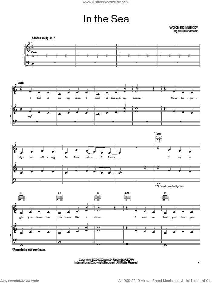 In The Sea sheet music for voice, piano or guitar by Ingrid Michaelson, intermediate skill level