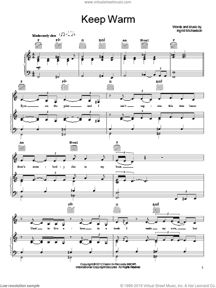 Keep Warm sheet music for voice, piano or guitar by Ingrid Michaelson, intermediate skill level