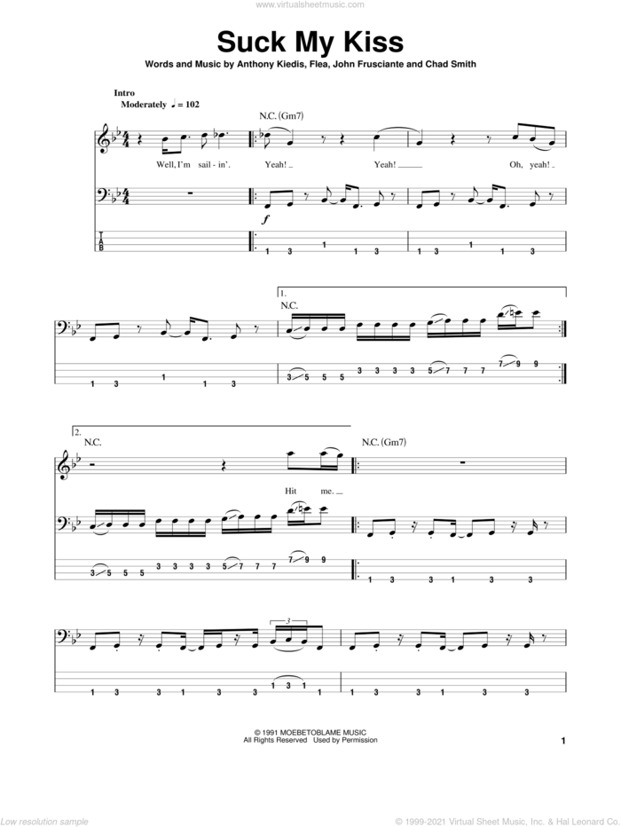Suck My Kiss sheet music for bass (tablature) (bass guitar) by Red Hot Chili Peppers, Anthony Kiedis, Chad Smith, Flea and John Frusciante, intermediate skill level