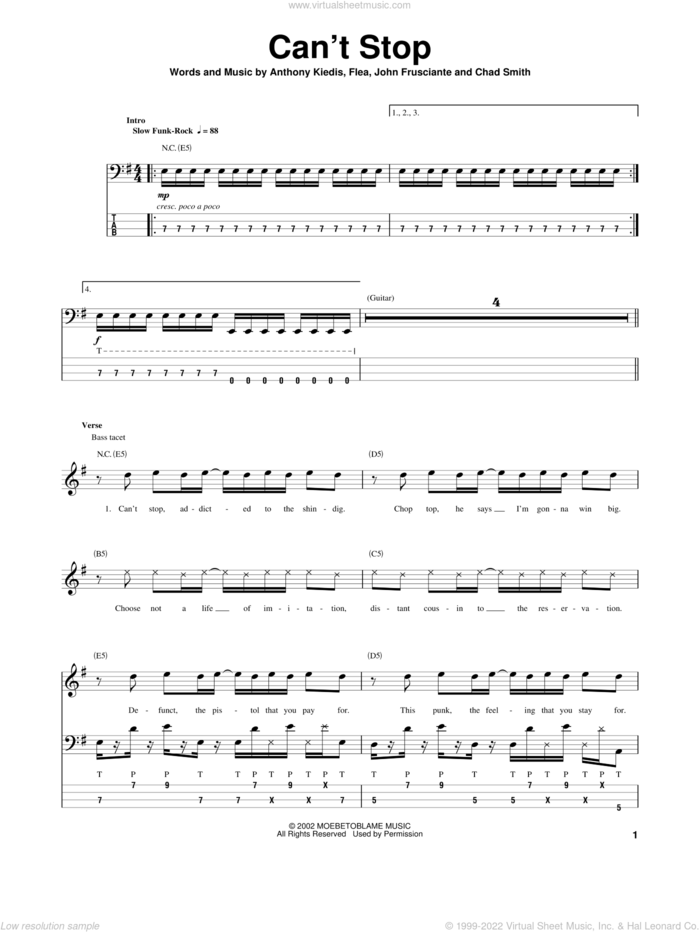 Can't Stop sheet music for bass (tablature) (bass guitar) by Red Hot Chili Peppers, Anthony Kiedis, Chad Smith, Flea and John Frusciante, intermediate skill level