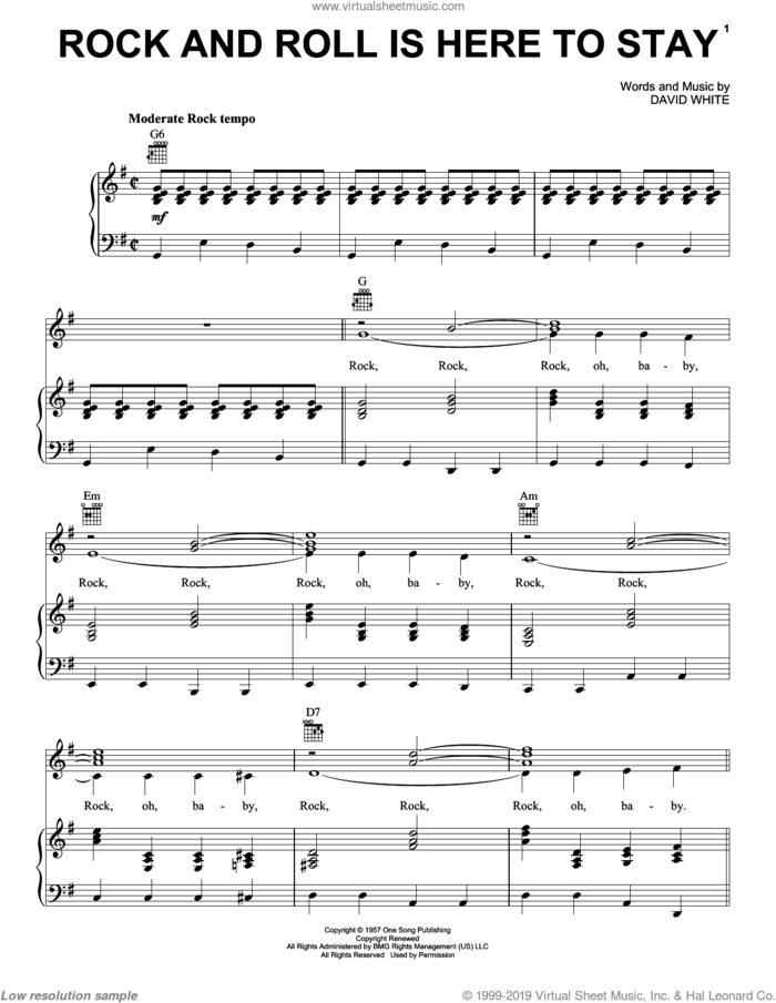 Rock And Roll Is Here To Stay sheet music for voice, piano or guitar by Danny & The Juniors and David White, intermediate skill level