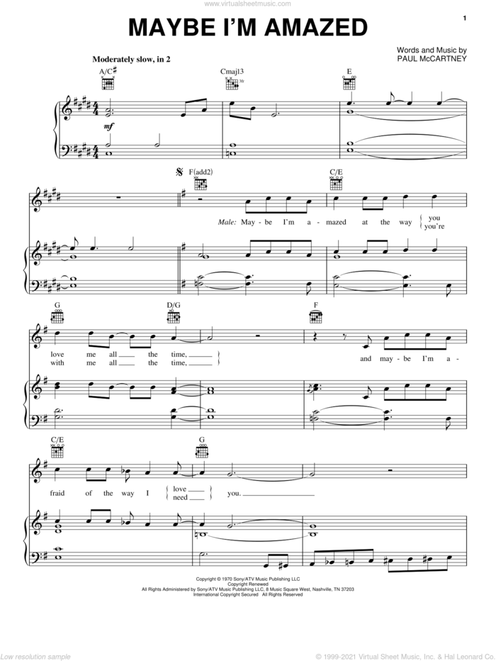 Maybe I'm Amazed sheet music for voice, piano or guitar by Paul McCartney and Joyful Noise (Movie), intermediate skill level