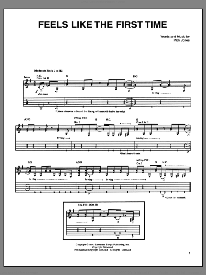 Feels Like The First Time sheet music for guitar (tablature) by Foreigner and Mick Jones, intermediate skill level