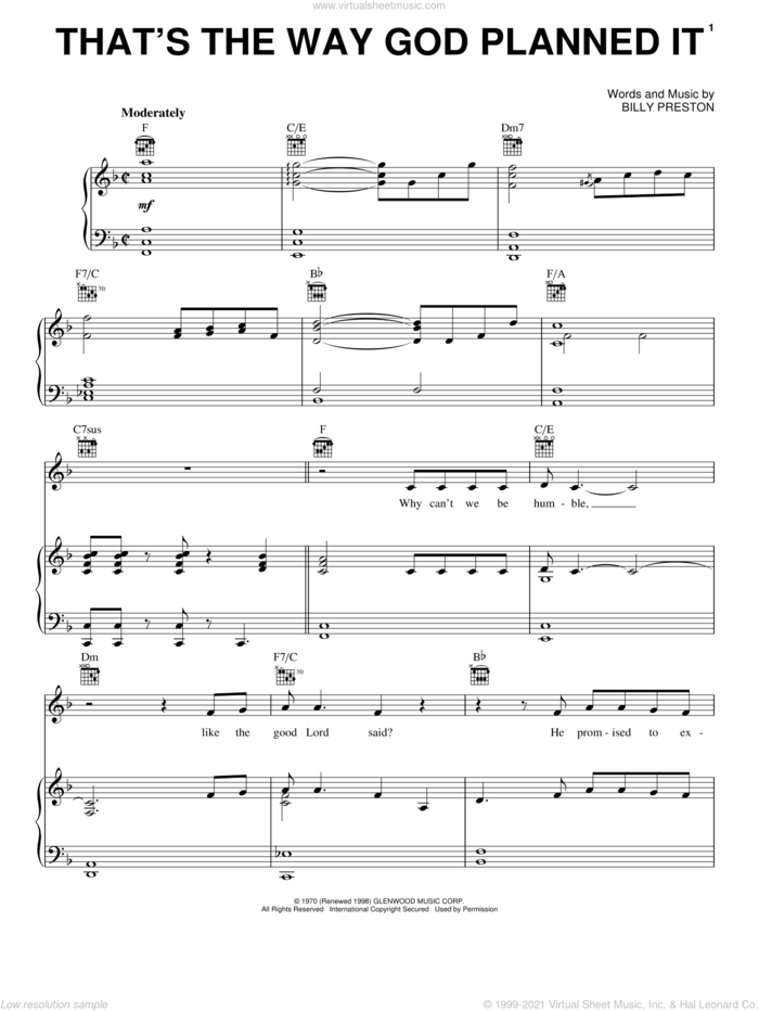 That's The Way God Planned It sheet music for voice, piano or guitar by Billy Preston and Joyful Noise (Movie), intermediate skill level