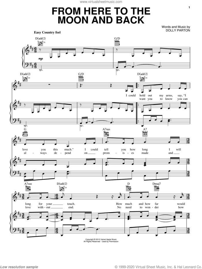 From Here To The Moon And Back sheet music for voice, piano or guitar by Dolly Parton and Joyful Noise (Movie), intermediate skill level